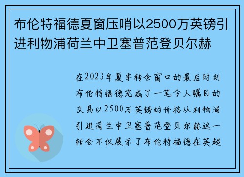 布伦特福德夏窗压哨以2500万英镑引进利物浦荷兰中卫塞普范登贝尔赫 布伦特福德夏窗压哨以2500万英镑引进利物浦荷兰中卫塞普范登贝尔赫